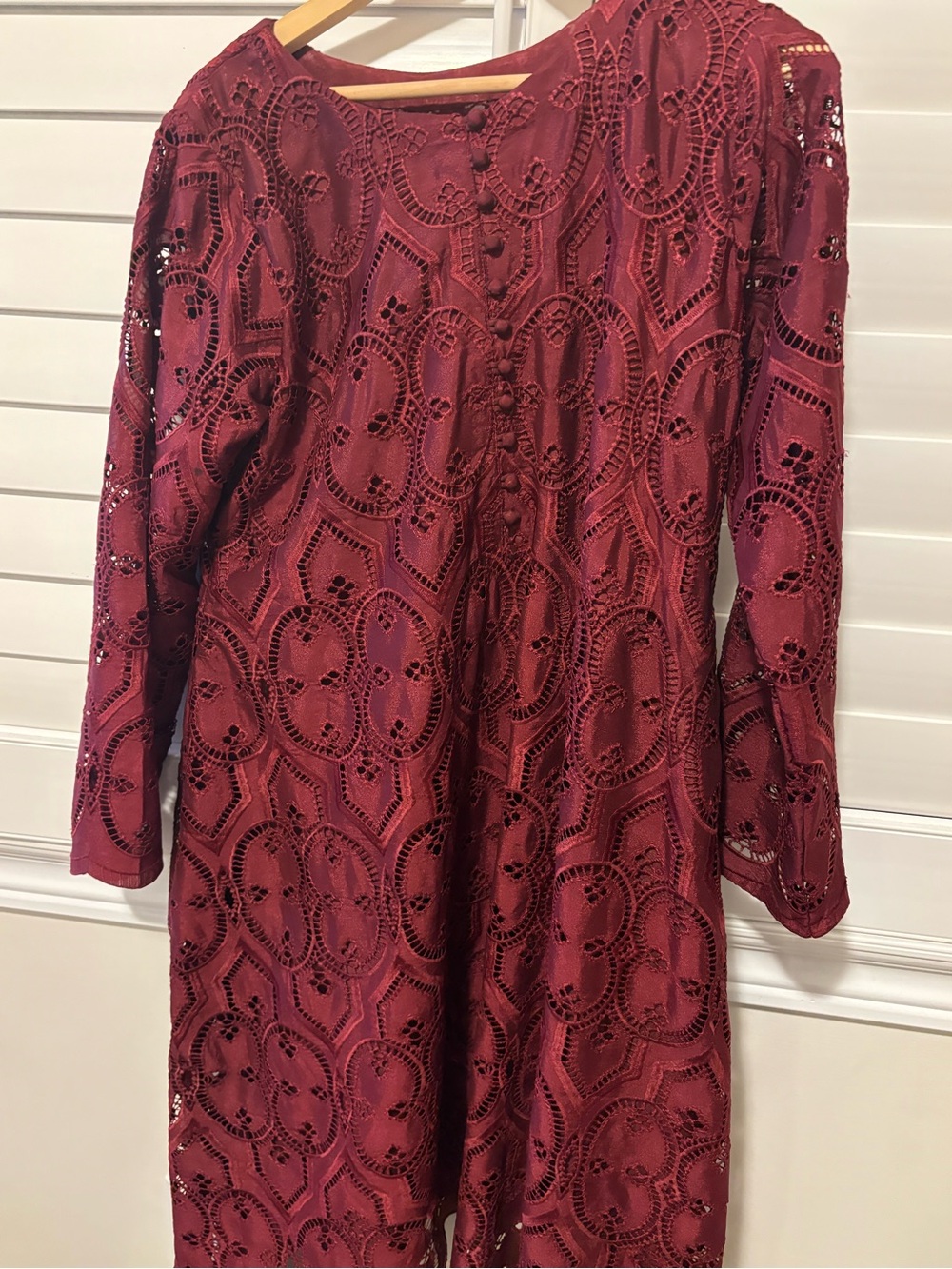 Long-Sleeve Burgundy Lace Midi Dress